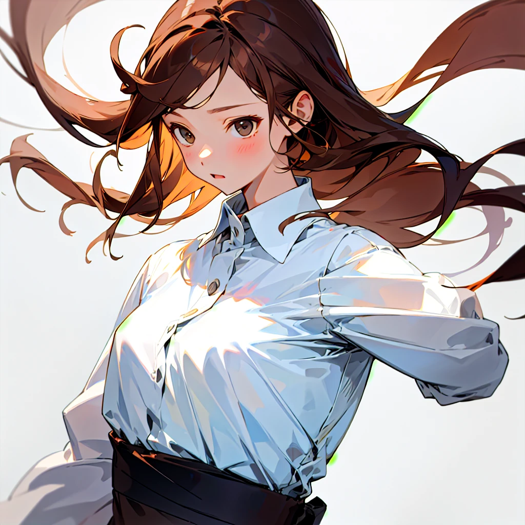 One girl、Simple whiteTshirt、Hairstyle: Long, straight brown hair、The composition is upper body up、No background