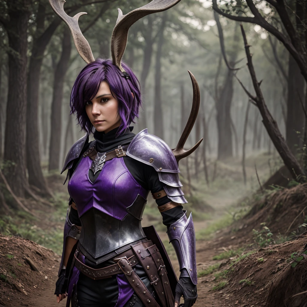 Knight Jackalope, Purple short hair, jackalope, Dark Armor(masterpiece, best quality)