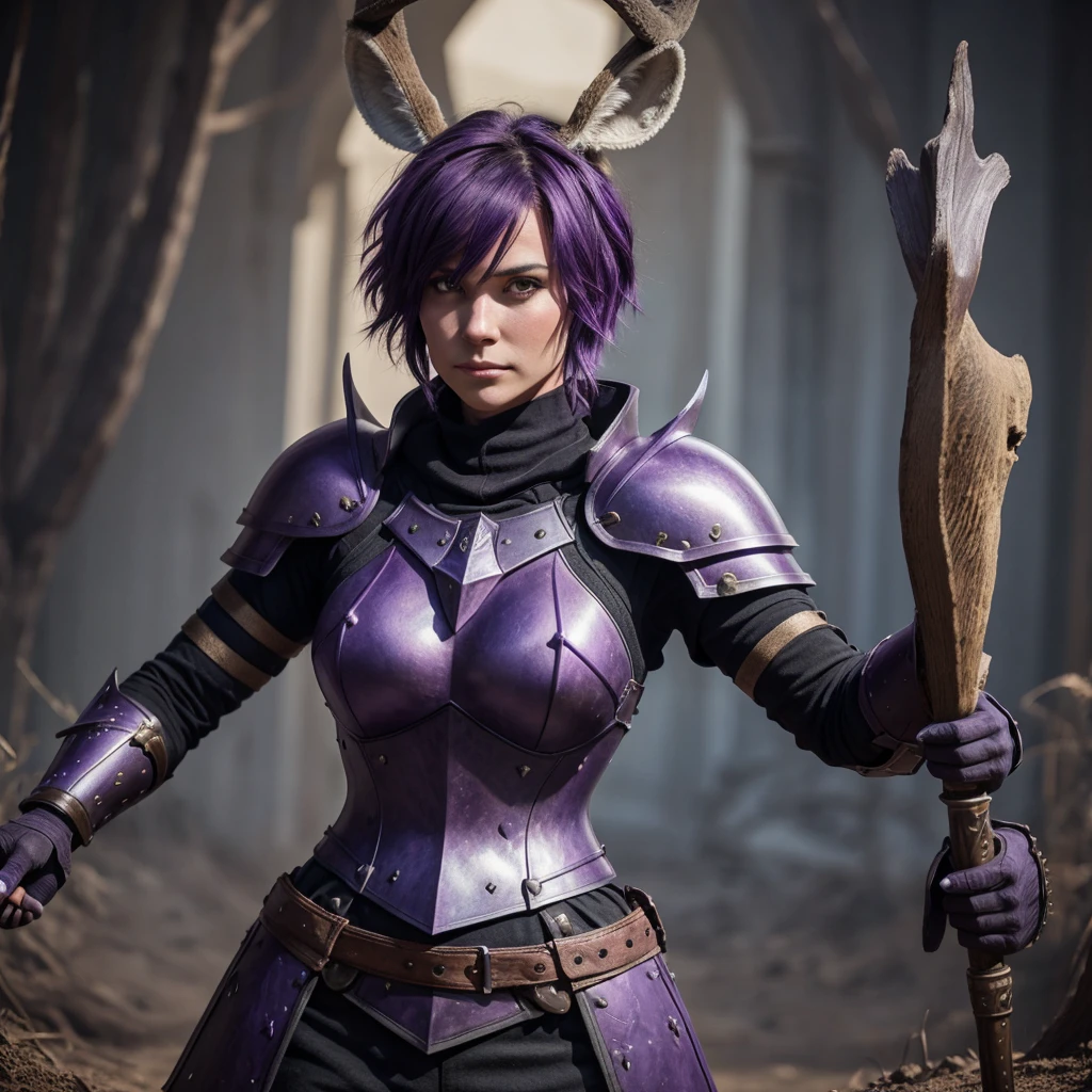 Knight Jackalope, Purple short hair, jackalope, Dark Armor(masterpiece, best quality)