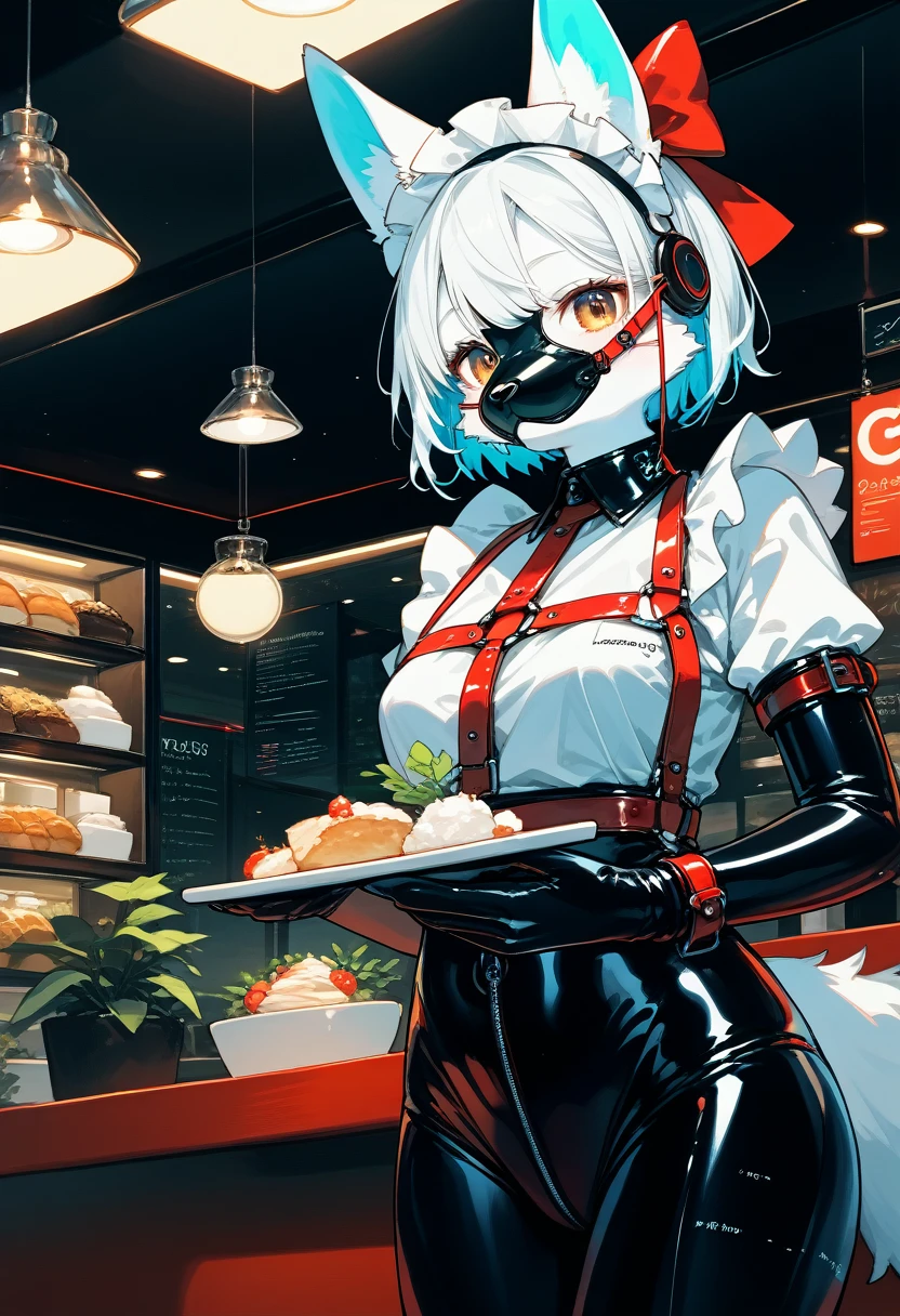Highest quality, Highest quality, High quality illustrations, masterpiece, Ultra-high resolution, Detailed Background, Cafe, Absurd, Perfect Anatomy, performance, Good lighting, Shadows in the movies(kemono, Furry Personifi猫ion), White Skin, Rubber suit, Rubber suit, latex, neon, neonライト, neonカラー, Rubber maid outfit, ribbon, Rubber mask, Red harness