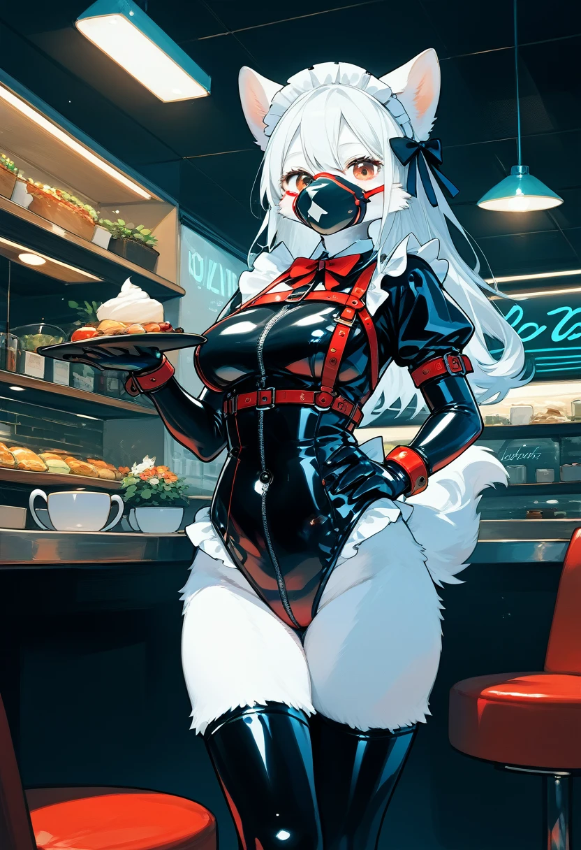 Highest quality, Highest quality, High quality illustrations, masterpiece, Ultra-high resolution, Detailed Background, Cafe, Absurd, Perfect Anatomy, performance, Good lighting, Shadows in the movies(kemono, Furry Personifi猫ion), White Skin, Rubber suit, Rubber suit, latex, neon, neonライト, neonカラー, Rubber maid outfit, ribbon, Rubber mask, Red harness