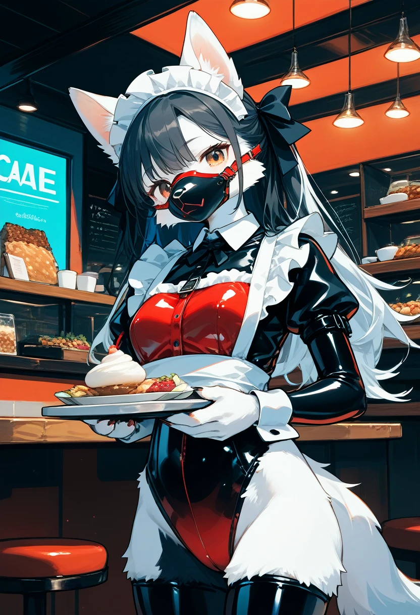 Highest quality, Highest quality, High quality illustrations, masterpiece, Ultra-high resolution, Detailed Background, Cafe, Absurd, Perfect Anatomy, performance, Good lighting, Shadows in the movies(kemono, Furry Personifi猫ion), White Skin, Rubber suit, Rubber suit, latex, neon, neonライト, neonカラー, Rubber maid outfit, ribbon, Rubber mask, Red harness