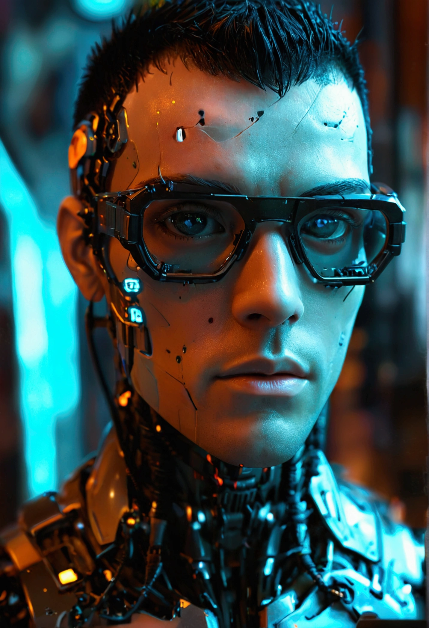 Male robot body hair with black-rimmed glasses with undercut hair, Look to the camera ::futuristic cyberpunk style ,realistic styling ::n_digital painting style, robotic parts, face perfect::seed 1、Black Edged Hair、large nose、Black-based clothing, photo by full body