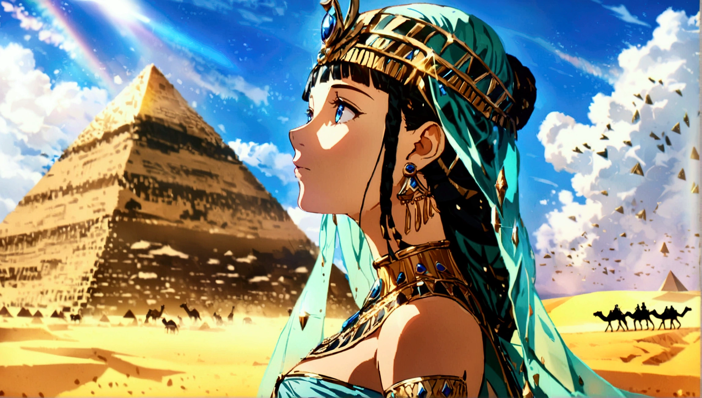 score 9, source anime, from side, wide shot, a young gay princess in egyptian style gorgeous dress, looking up at the pyramids, one hand up, clear blue sky, Very strong sunlight, endless desert, A line of camel caravan in the distance, hyper detailed, cinematic lighting, 8k, highly detailed face and eyes, intricate ornate jewelry, flowing fabric, masterpiece,