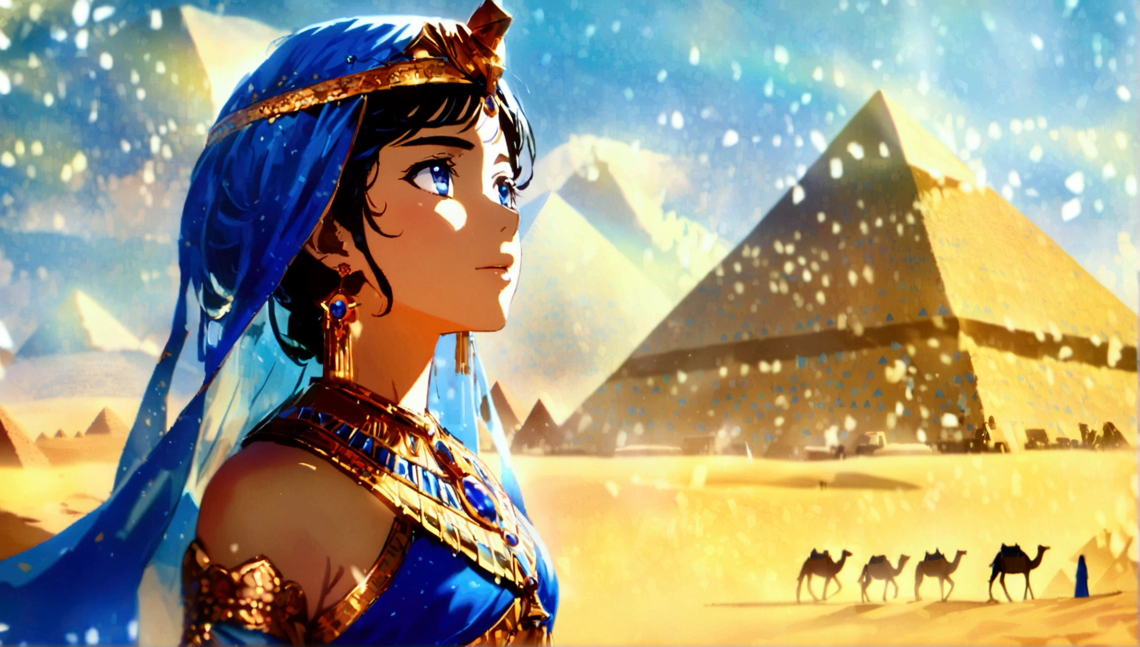 score 9, source anime, from side, wide shot, a young gay princess in egyptian style gorgeous dress, looking up at the pyramids, one hand up, clear blue sky, Very strong sunlight, endless desert, A line of camel caravan in the distance, hyper detailed, cinematic lighting, 8k, highly detailed face and eyes, intricate ornate jewelry, flowing fabric, masterpiece, 