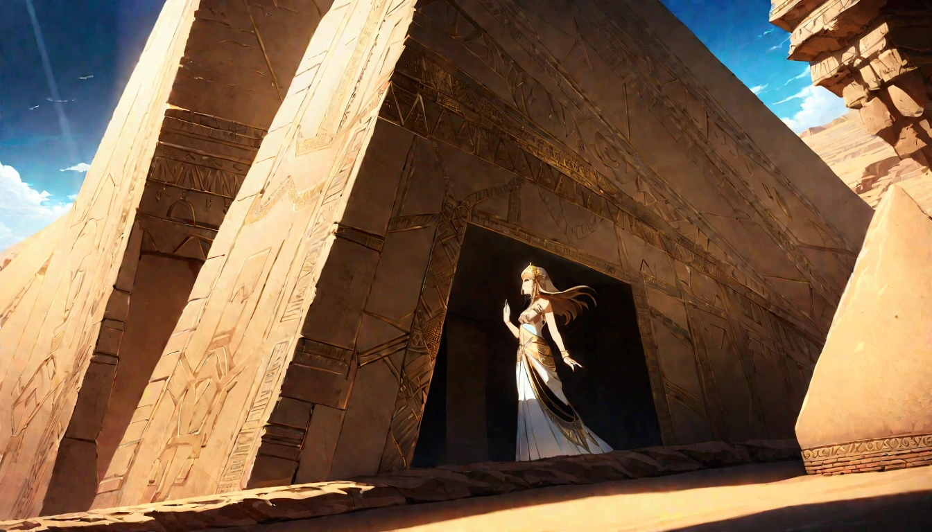 score 9, source anime, from side, wide shot, a young gay princess in egyptian style gorgeous dress, looking up at the pyramids, one hand up, clear blue sky, Very strong sunlight, endless desert, A line of camel caravan in the distance, hyper detailed, cinematic lighting, 8k, highly detailed face and eyes, intricate ornate jewelry, flowing fabric, masterpiece,