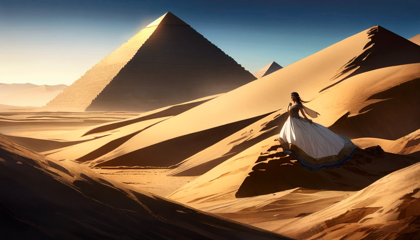 score 9, source anime, from side, wide shot, a young gay princess in egyptian style gorgeous dress, looking up at the pyramids, one hand up, clear blue sky, Very strong sunlight, endless desert, A line of camel caravan in the distance, hyper detailed, cinematic lighting, 8k, highly detailed face and eyes, intricate ornate jewelry, flowing fabric, masterpiece, 