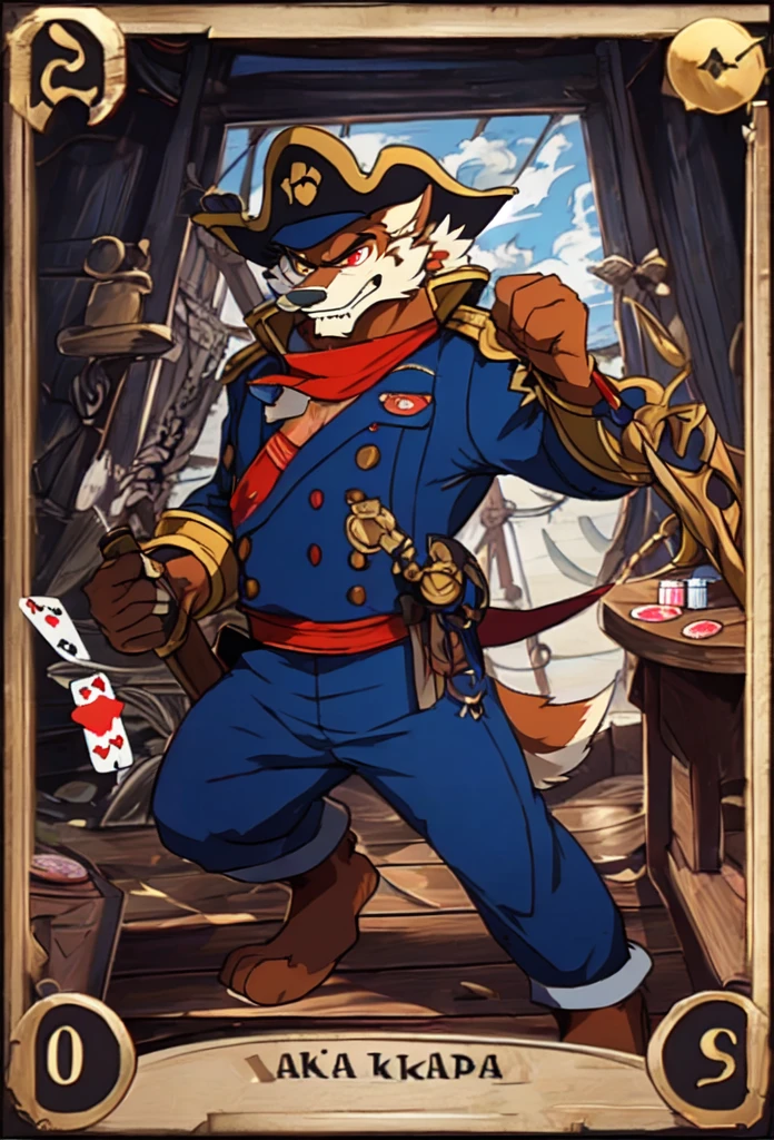 (((full image of poker card)))

((Jack of Spades)) - (((Don Karnage))):
Barefoot furry character, furry male, plantigrade

Don Karnage, the swashbuckling red wolf pirate from "TaleSpin." He has reddish fur, sharp red eyes, and a lean, agile build.
Don Karnage is dressed in a blue captain's military uniform with red and gold accents, light blue pants and tricorn hat.
The background features a pirate ship with spade-shaped sails and a stormy sea.
Card Elements: The (spade symbol) is prominently displayed, with Don Karnage wielding a cutlass. The border of card is adorned with spade patterns and nautical motifs.

BREAK, masterpiece, ((detailed background)), ((dynamic background)), 8K, (masterpiece:1.5), intricate details, highly detailed, extreme detail, octane render, unreal engine, anime art, best quality, highres, (detailed face:1.5), ((full_body)), UHD, (((perfect hands))), low light