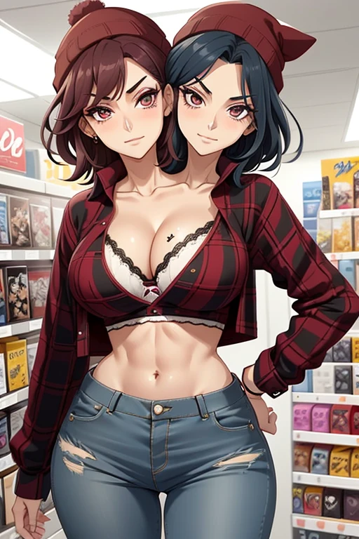 2heads, tall skinny woman with 2 heads. At an anime store. Short messy maroon hair. Wearing a beanie. Wearing unbuttoned open plaid flannel shirt, bra underneath. Wearing jeans. Mature, womanly. Thick thighs, wide hips. Wearing eyeliner, baggy tired eyes. Many tattoos and piercings. Smirking, happy. 