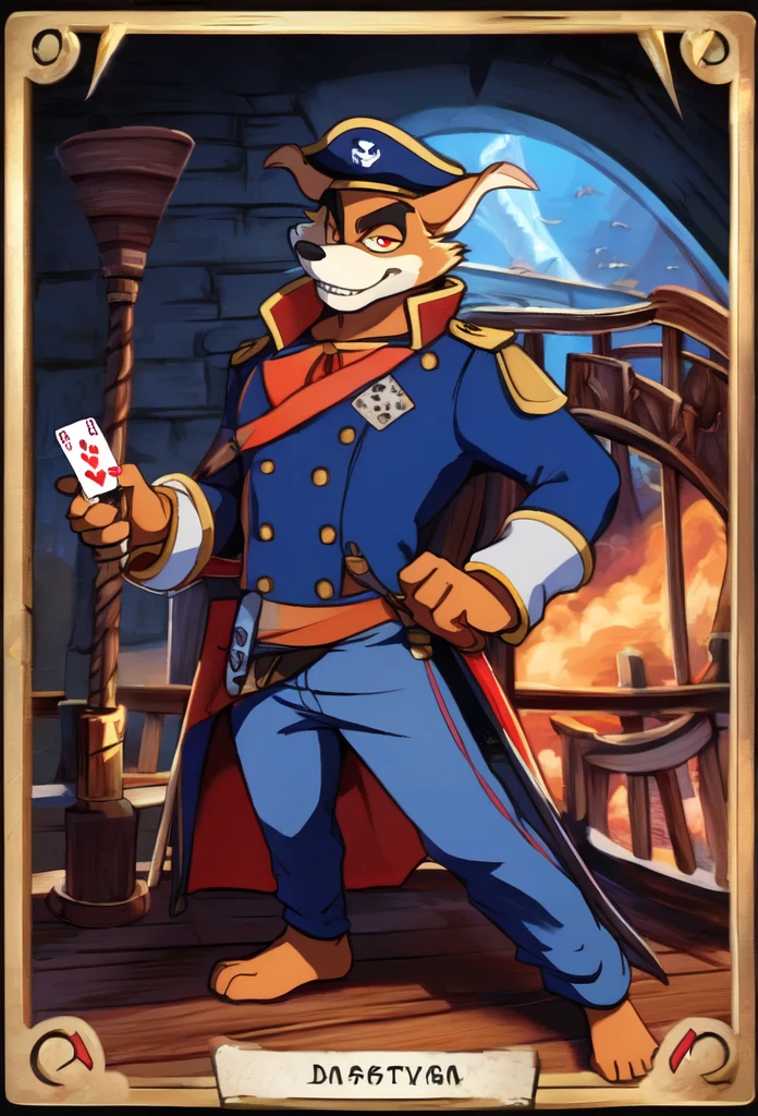 (((full image of poker card)))
((Jack of Spades)) - (((Don Karnage))):
Barefoot furry character, furry male, plantigrade
Don Karnage, the swashbuckling red wolf pirate from "TaleSpin." He has reddish fur, sharp red eyes, and a lean, agile build.
Don Karnage is dressed in a blue captain's military uniform with red and gold accents, light blue pants and tricorn hat.
The background features a pirate ship with spade-shaped sails and a stormy sea.
Card Elements: The (spade symbol) is prominently displayed, with Don Karnage wielding a cutlass. The border of card is adorned with ((spade patterns)) and nautical motifs.
BREAK, masterpiece, ((detailed background)), ((dynamic background)), 8K, (masterpiece:1.5), intricate details, highly detailed, extreme detail, octane render, unreal engine, anime art, best quality, highres, (detailed face:1.5), ((full_body)), UHD, (((perfect hands))), low light