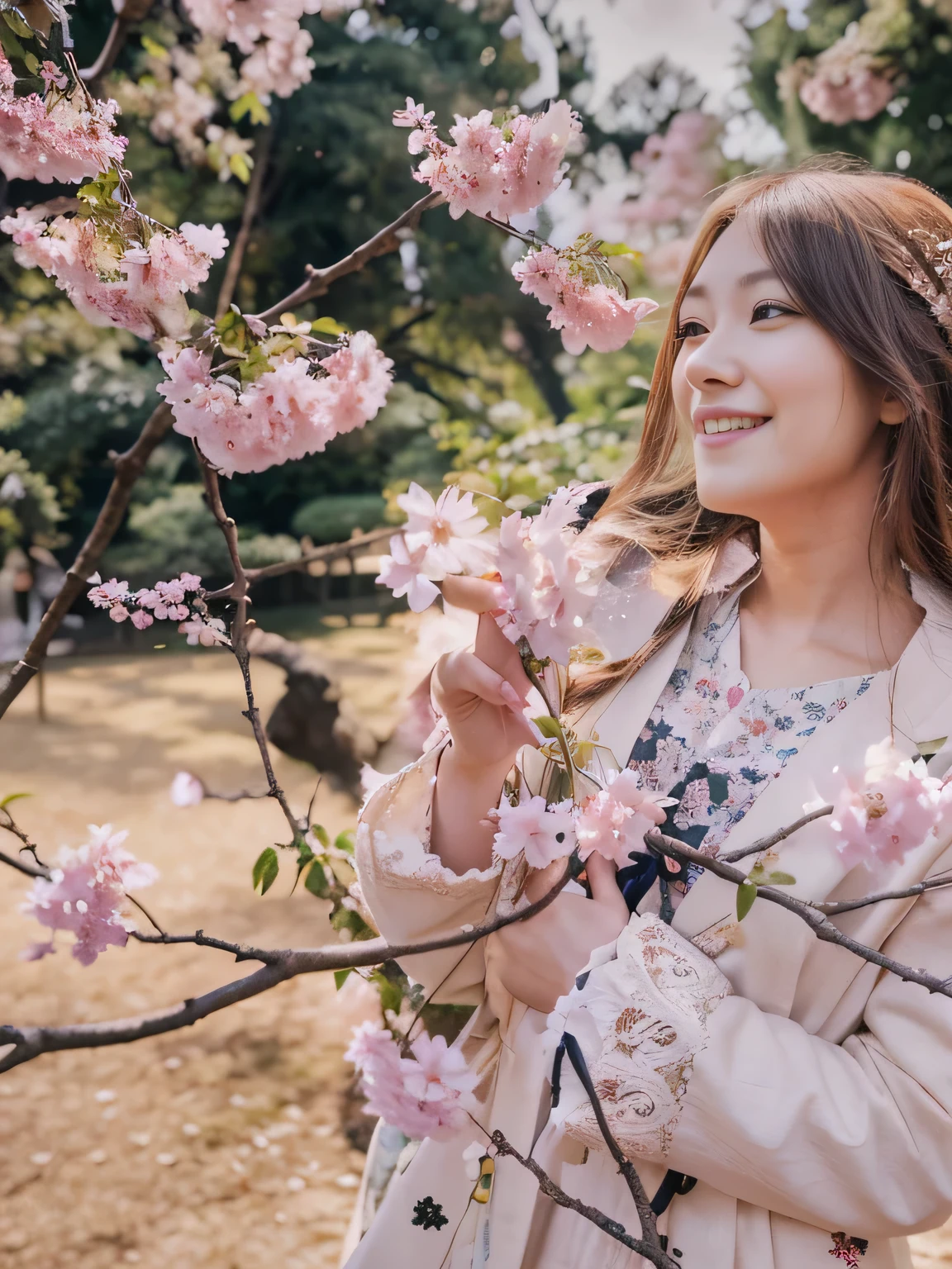 A Japanese realistic long-haired girl, with a good figure. At Shinjuku Gyoen. with a simple smile on her face. beautiful, High quality, Night view, and Realistic. Shot from a distance.