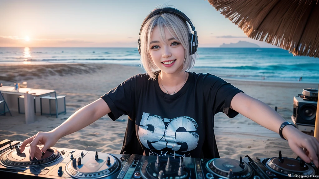 (ultra - detailed, 16K resolution, Cinema lenses, rendering by octane), (high resolution:1.18), intricate detail, (masterpiece:1.1), (highest quality:1.1), (1girl, portrait, white hair, blue eyes, short hair, detailed eyes),Wearing silver DJ headphones, sequined T-shirt, (in the beach:1.5), (Iconic hip-hop pop costumes:1.3), Smile while DJing on stage, DJ studio next to the beach, ((A stylish DJ stage on a hill overlooking the beach)), full body shot, Photorealistic photography by Sunshine, (cute round face:1.3), perfect fingers, five fingers, beautiful hands, perfect hands. master peace, cute smile.