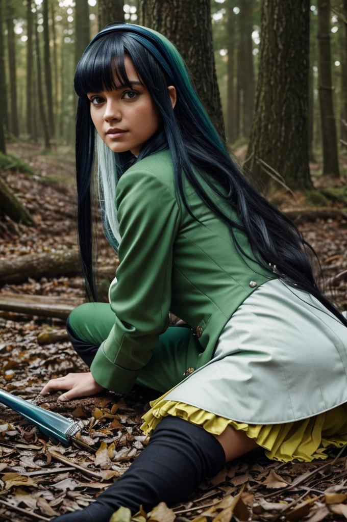 A forest landscape with many shades of green and yellow highlights, a woman with dark brown eyes, medium-long black hair with a fringe, half black, half blue, and blue locks from the fringe to the lock, with a white pointed cap and a long colored suit. green and a white wand in his hands , very happy with a medieval tone realistic cartoon style .and behind in the background a suit of armor sitting and disarmed on the ground lying