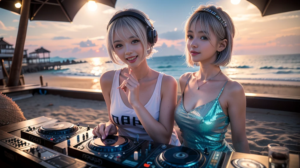 (ultra - detailed, 16K resolution, Cinema lenses, rendering by octane), (high resolution:1.18), intricate detail, (masterpiece:1.1), (highest quality:1.1), (1girl, portrait, white hair, blue eyes, short hair, detailed eyes),Wearing silver DJ headphones, sequined T-shirt, (in the beach:1.5), (Iconic hip-hop pop costumes:1.3), Smile while DJing on stage, DJ studio next to the beach, ((A stylish DJ stage on a hill overlooking the beach)), full body shot, Photorealistic photography by Sunshine, (cute round face:1.3), perfect fingers, five fingers, beautiful hands, perfect hands. master peace, cute smile.
