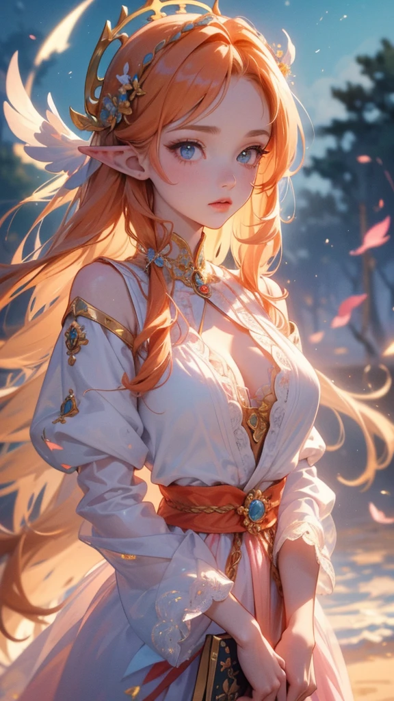 work of art, ultra epic details, ultra detaild, best resolution, orange hair like fire, olhos verdes esmeralda, long braided hair, ( BEAUTIFUL ELF ), (wearing a robust crown of blue and pink leaves and flowers on her head), { olhos ultra detailds }, (( rosto angelical )), sculptural body, ( peasant clothing ), (( perfect hands )), TREES, medieval scenery,( beautiful hairstyle with bangs ), lovely gaze, gazing at viewer, ((kawaii bear outfit))