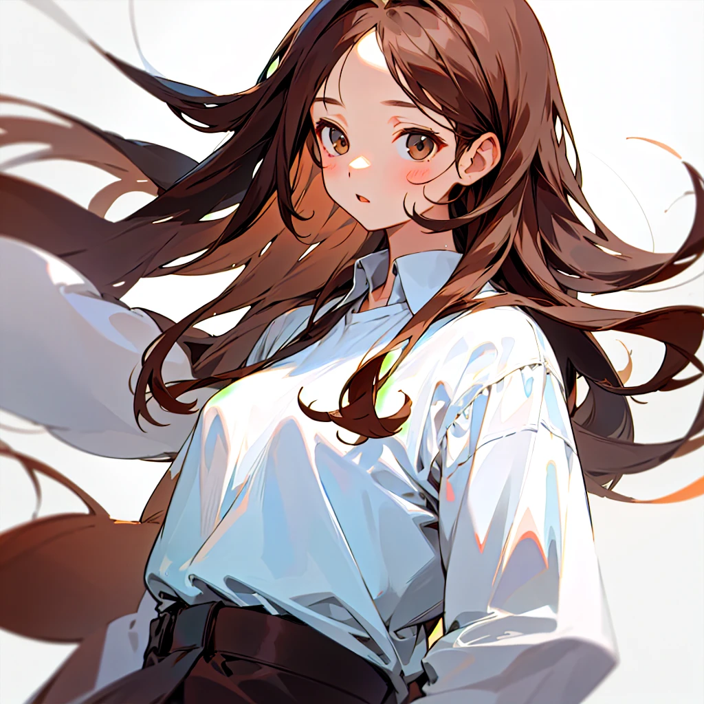 One girl、Simple whiteTshirt、Hairstyle: Long, straight brown hair、The composition is upper body up、No background