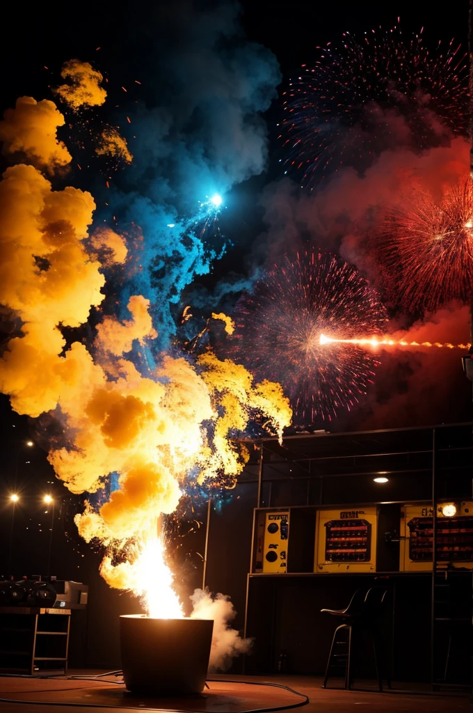 A football studio with a yellow pyrotechnic show, blue and red