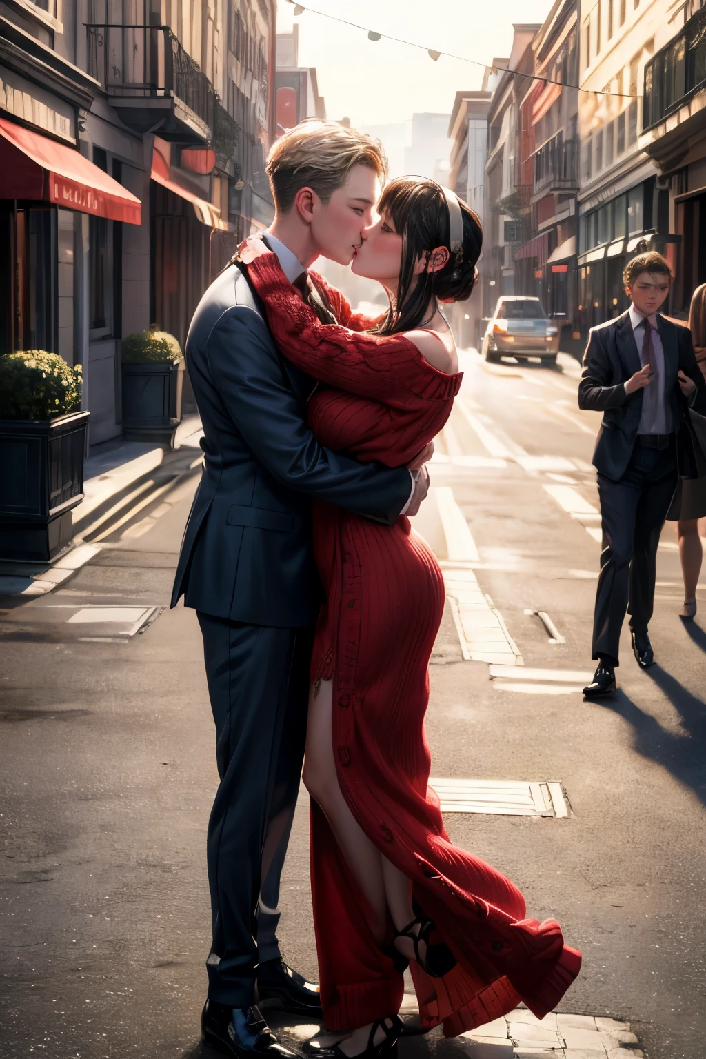 (realistic, photo-realistic:1.4), (masterpiece, best quality:1.2), high resolution, intricate details, extremely detailed, realistic and sharp details, (full body), couple, hetero, 1girl, hairband, red sweater, 1boy wearing business suit, couple hugging each other, kissing, photo background, outdoors, 