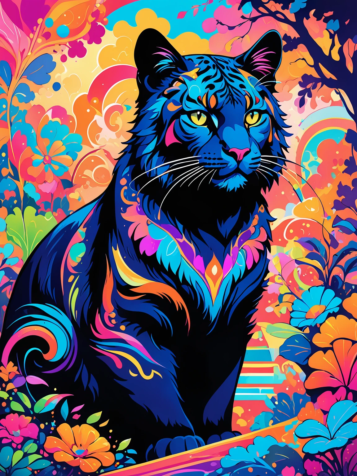 (((Vibrant))) abstract picture, 2D flat ornate sketch, psychedelic, ornates, ornates, ornates, popup art, big cat 😺 silhouette, full covered neon multicolor paint, painted, dynamic holand angle