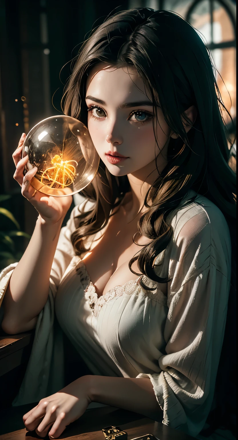 One girl is 20 years old., The witch holds a neon light in her hand, An otherworldly theme that combines dark and fantastical fantasy, Bright core with lots of magic orbs background, Fantastic realism, Best Quality, Highest quality, 8K, Nothing absurd, High quality epic, Very detailed, Very detailed肌, Amazing detail, Surreal, Very high resolution, Ultra Photorealistic,