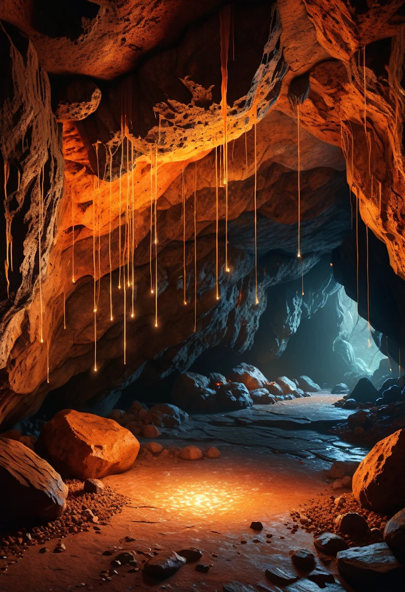 a highly detailed and photorealistic digital art depiction of a cave mode, dark orange background with dynamic particles, vibrant colors, cinematic orange lighting, studio lighting, (best quality, 4k, 8k, highres, masterpiece:1.2), ultra-detailed, (realistic, photorealistic, photo-realistic:1.37), showing a cozy cave interior with glowing crystals, warm ambient lighting, and intricate rock textures