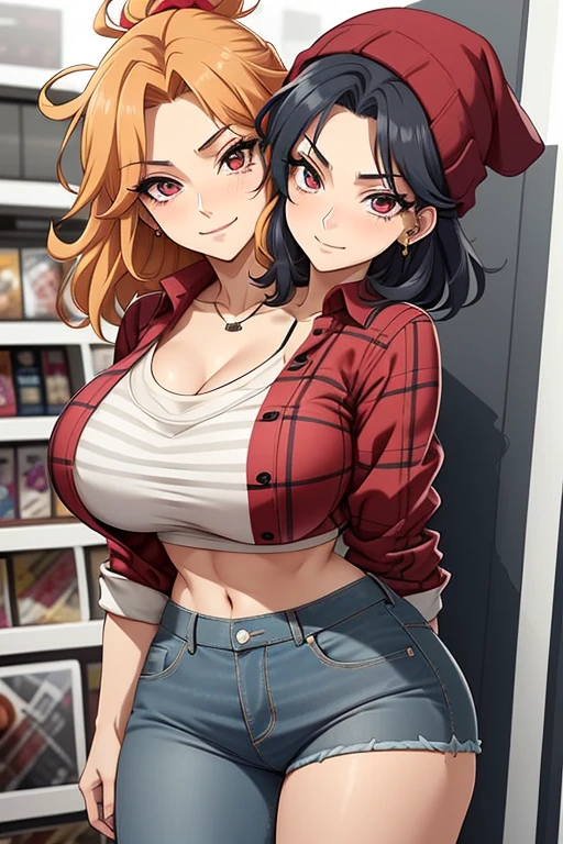 2heads, tall skinny woman with 2 heads. At an anime store. Short messy maroon hair. Wearing a beanie. Wearing unbuttoned open plaid flannel shirt, bra underneath. Wearing jeans. Mature, womanly. Thick thighs, wide hips. Wearing eyeliner, baggy tired eyes. Many tattoos and piercings. Smirking, happy.