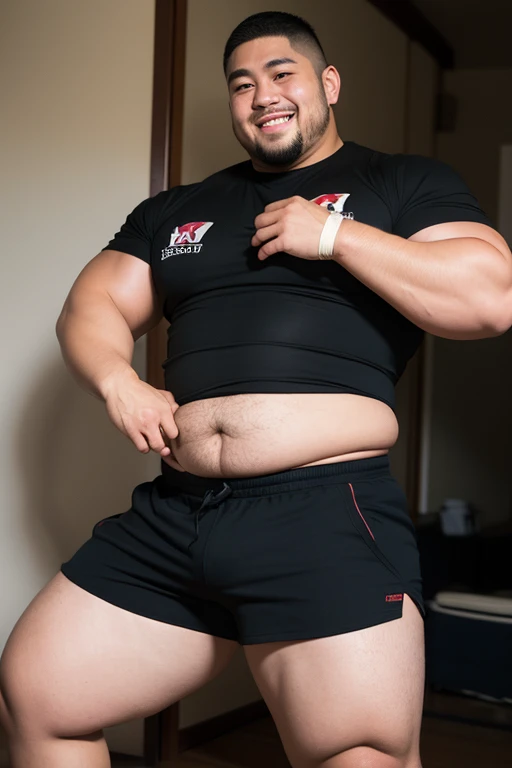 ((highest quality)), ((masterpiece)), (detailed), ((Perfect Face)), 4k, Shaved head, Young Japanese, Muscular, Fat body, Very big man, smile, ((showing off crotch))A large Japanese man topless、whole body、Rugby、Thick legs、Thick arm muscles、Intimidating、whole body、wearing a very short black shorts, tight shorts,