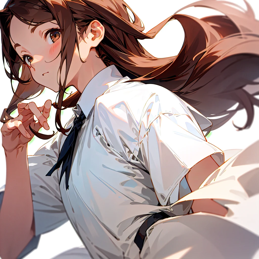 One girl、Simple whiteTshirt、Hairstyle: Long, straight brown hair、The composition is upper body up、No background