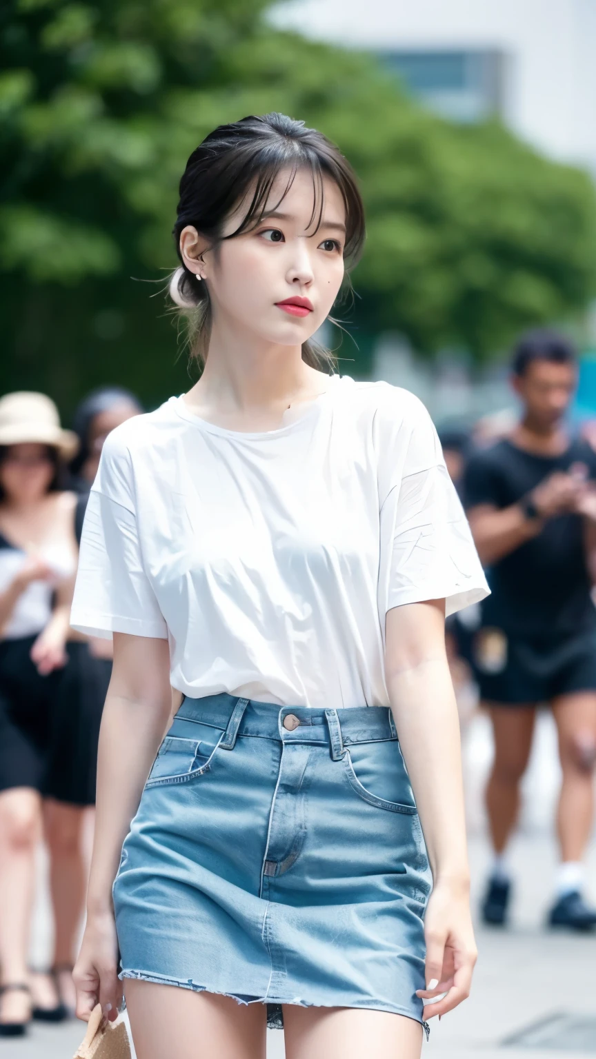 (Best quality, 8k, 32k, Masterpiece, UHD:1.2), 1girl, beautiy Japanese woman, wearing a microskirt and a white see through t-shirt 