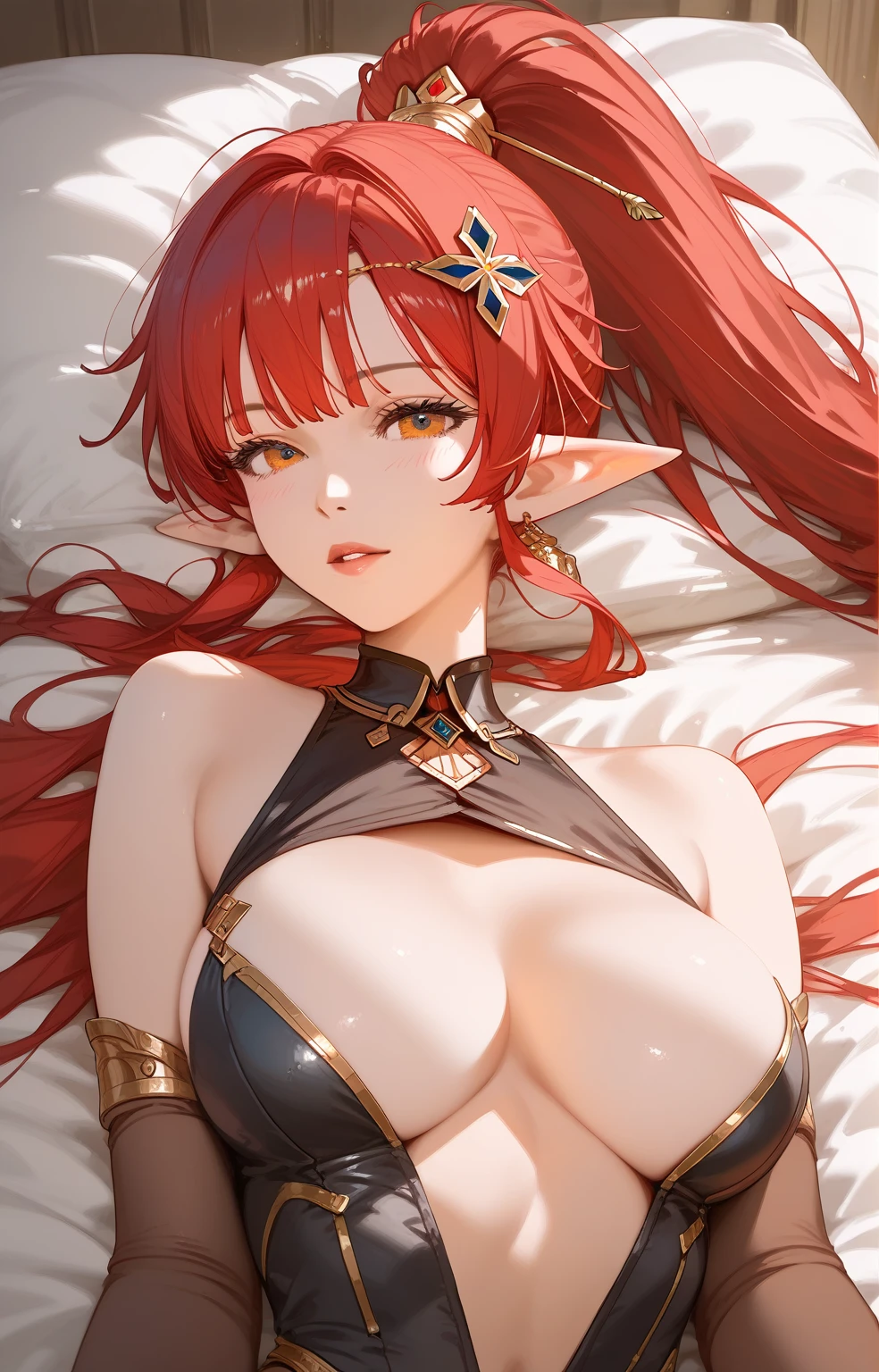 (score_9, score_8_up, score_7_up, score_6_up, score_5_up, score_4_up), masterpiece, best quality, high_resolution, 8k, UHD, 1girl, detailed, extremely detailed, best anatomy, (large breasts), long hair, red hair, bangs, ponytail, hair ornament, elf ears, indoor, in bed room