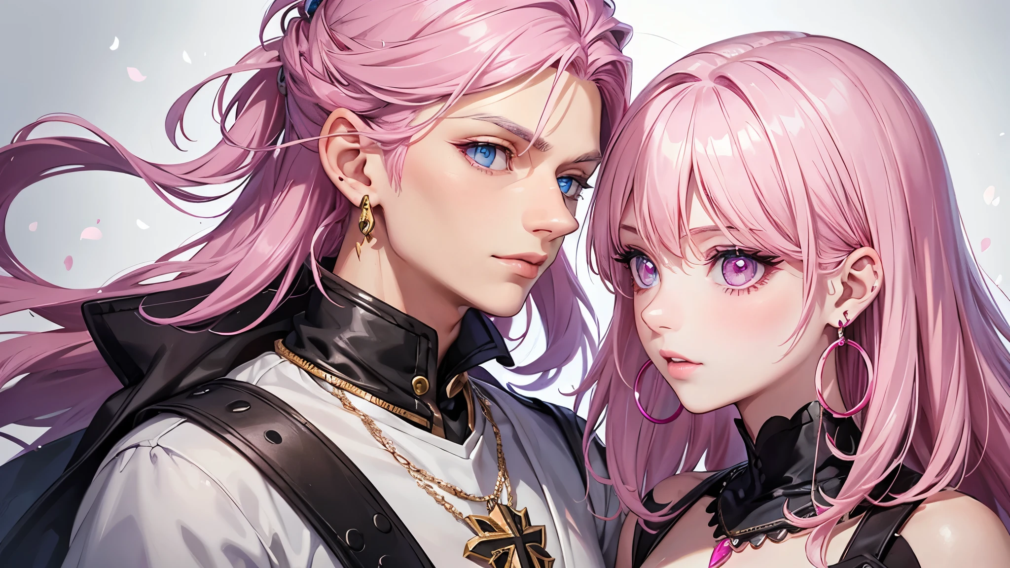 Fantasy　Adventurers, 1 Girl, Boy with white hair　by 2 person, , Gazing at each other, Blue Eyes Background, White Background, jewelry, Mouth closed, Upper Body, Pink Hair, Earrings, Pink Eyes, necklace, From the side, knight, lips, eyelash, Compensate, Wavy Hair, Earrings, cross, lipstick, ear Earrings, eye shadow, hoop Earrings, pink lips, Variegated eyes, Pink Theme, , pink eye shadow,