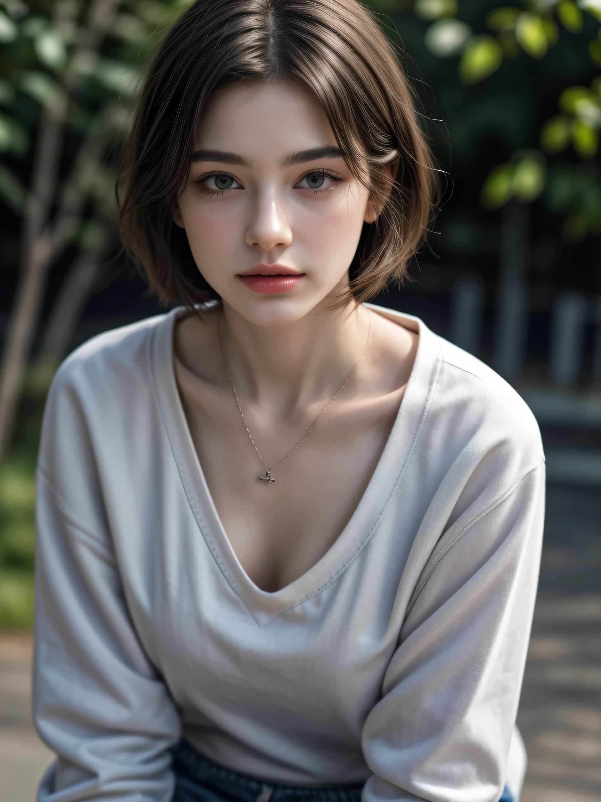(Masterpiece, best quality, realistic, photorealistic : 1.2), high detailed photo, delicate details, sharp focus, 1 gorgeous pretty girl, short hair, bowl cut hair, beautiful face, thin, slim body shape, fine skin, lip gloss, perfect hands, wearing ((oversized white sweatshirt with navy blue strip)), (loose flared pants), pendant, outdoor, vibrant, vivid.