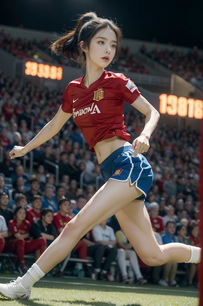 (((best quality))), (((ultra detailed))), (((masterpiece))), illustration,(a beautiful girl,female footballer,solo),(short ponytail:1.2),Spanish team,(short sleeves:1.2),((red jersey, blue shorts)),((slim,thin)),((small breasts,flat chest))),(slender legs:1.2),(football:1.3),determination, agility, passion, dedication, energetic crowd, vibrant atmosphere, electric, invigorating, chaotic, aggressive movements, powerful kicks, elegance, composure, intensity, sports, moment, perseverance, stands, packed stands, enthusiastic fans, roaring, supportive, cheering, chanting, sheen of sweat, skillful, dynamic, picturesque, atmospheric, action-packed, dramatic, realistic,adium, night game, stadium lighting, passionate player, focus, determination, talent, artistry, movement, speed, grace,(standing:1.3),((from front,full body)),(night scene:1.3)