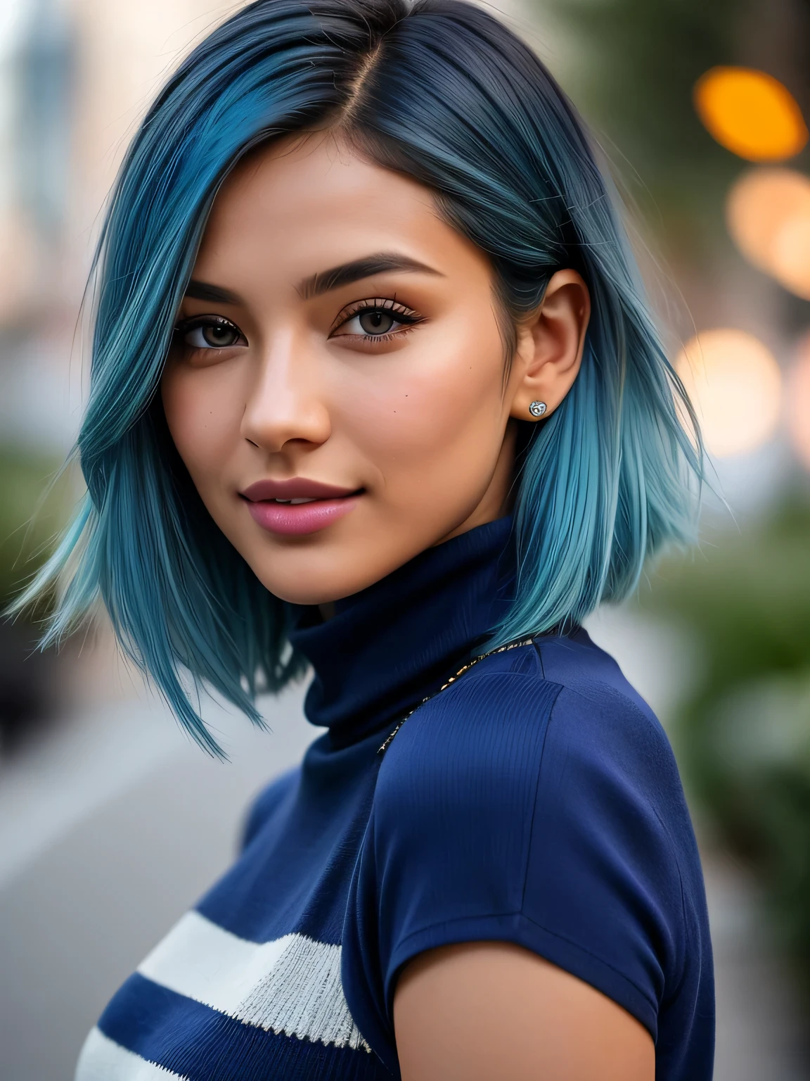 (blue hair:1.4), short hair, realistic green eyes, cobalt hair, long bob hair, tousled hair, shoulder length hair, Full body, woman with white skin and Asian features, 24 year old, big breast. She has a small, elegant nose with a slight upward curve at the tip. Her lips are full and naturally pink, with a well-defined Cupid's bow. Her teeth are straight and white, enhancing her captivating smile. Her face has an oval shape with high cheekbones that add to her model-like appearance. (crack), detailed (texture!, shine, color!!, flaws: 1.1), highly detailed glowing eyes, (looking at camera), specular light, dslr, extreme quality, crystal clear, cute face, detailed skin pores, oil Dark skin, brown, complex eye details, she is far from the camera, A full-body portrait, captured from a distance. Dynamic Frame, 8K,photo of (madalina:0.99), a woman as a sexy TikTok influencer, (walking, outdoors, nighttime), modelshoot style, (extremely detailed CG unity 8k wallpaper),(beautiful patterned colorful tight turtleneck sweater dress), photo of the most beautiful artwork in the world, professional majestic (photography by Steve McCurry), 8k uhd, dslr, soft lighting, high quality, film grain, Fujifilm XT3 sharp focus, f 5.6, High Detail, Sharp focus, dramatic, (waist, hips, thighs, cowboy shot), (looking at viewer:1.2), ((detailed eyes, detailed face):1.3), (natural light)
  (short hair:1.3).
