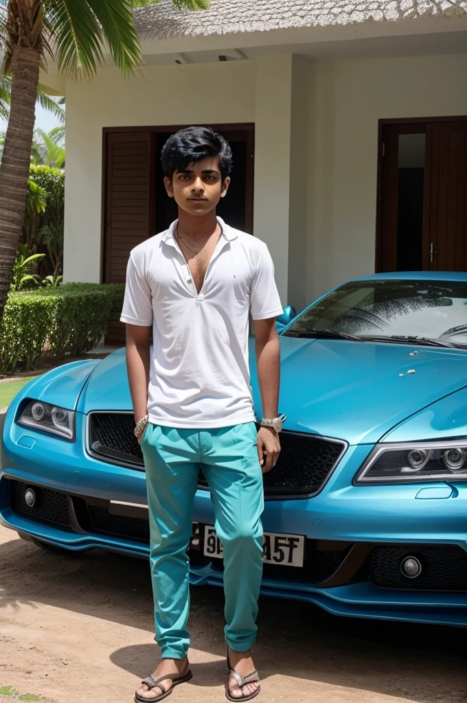 A sucessful indian boy standing outside his villa with rollce royace and several cars are parked bbehind