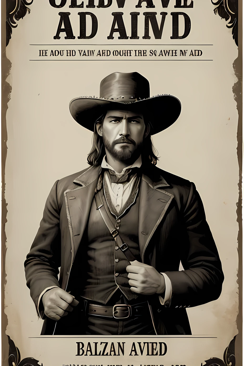 using the reference image, create a sketch of a wanted alive or dead poster in old west style, this poster containing the name Balthazar and the words, wanted alive or dead with country style letters.