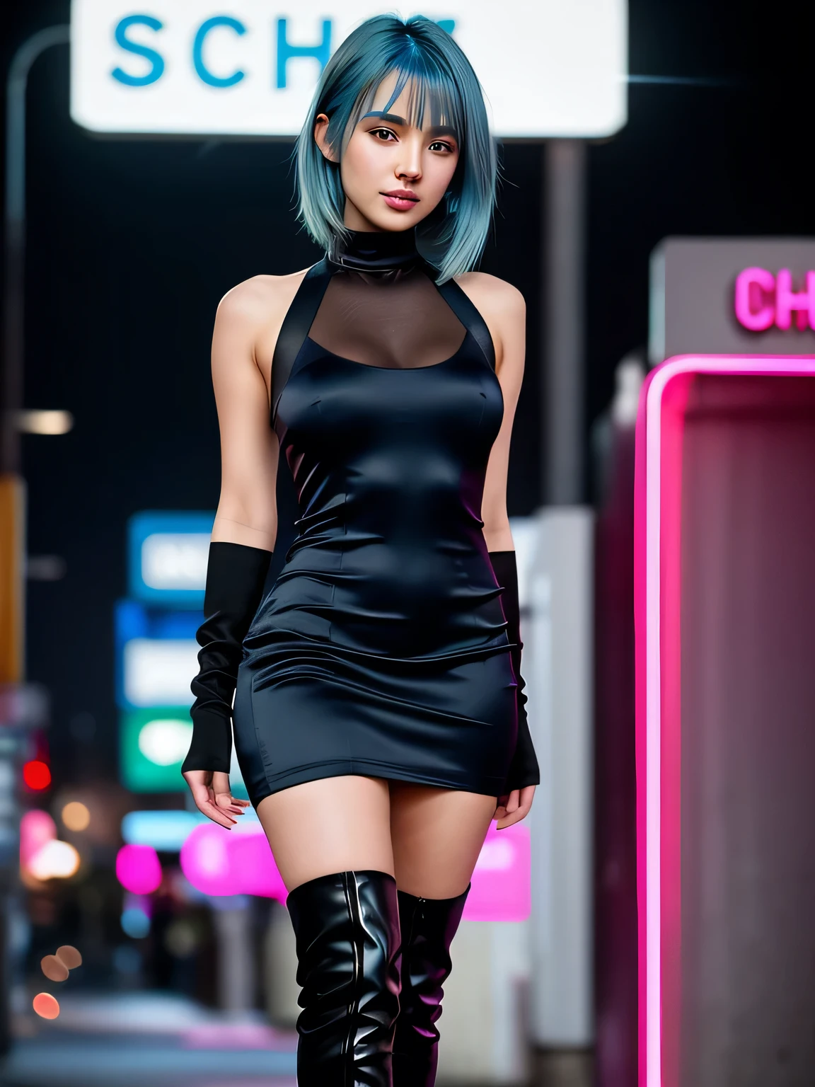 (blue hair:1.4), short hair, realistic green eyes, cobalt hair, long bob hair, tousled hair, shoulder length hair, Full body, woman with white skin and Asian features, 24 year old, big breast. She has a small, elegant nose with a slight upward curve at the tip. Her lips are full and naturally pink, with a well-defined Cupid's bow. Her teeth are straight and white, enhancing her captivating smile. Her face has an oval shape with high cheekbones that add to her model-like appearance. (crack), detailed (texture!, shine, color!!, flaws: 1.1), highly detailed glowing eyes, (looking at camera), specular light, dslr, extreme quality, crystal clear, cute face, detailed skin pores, oil Dark skin, brown, complex eye details, she is far from the camera, A full-body portrait, captured from a distance. Dynamic Frame, 8K, Extremely detailed CG unifies 8K,   wallpaper, Depth of written boundary, Cinematic Light, Lens flare, Ray Tracing, In the Dark, Deep Shadow, ((Displaying the viewer)), (Pink Shirt), (No sleeve) , (Fashion Night, Dark Night, (Neon Signs), (Blurred Background), Fashion Street Night),(There is no one in the background:1.3), Beautiful earrings, Bangles, necklace, pantyhose, Clear Eyes, walking, (Pale skin), (Big eyes), Look forward, ((Full Body Shot:1.4)), ((Black high neck silk dress:1.3)),(Black silk opera gloves:1.2),((High neck tight tie dress)),(Knee-high boots:1.2), (See through), (Displaying the viewer:1.3) , Big Breasts, See through,(Bedroom), (short hair:1.3).
