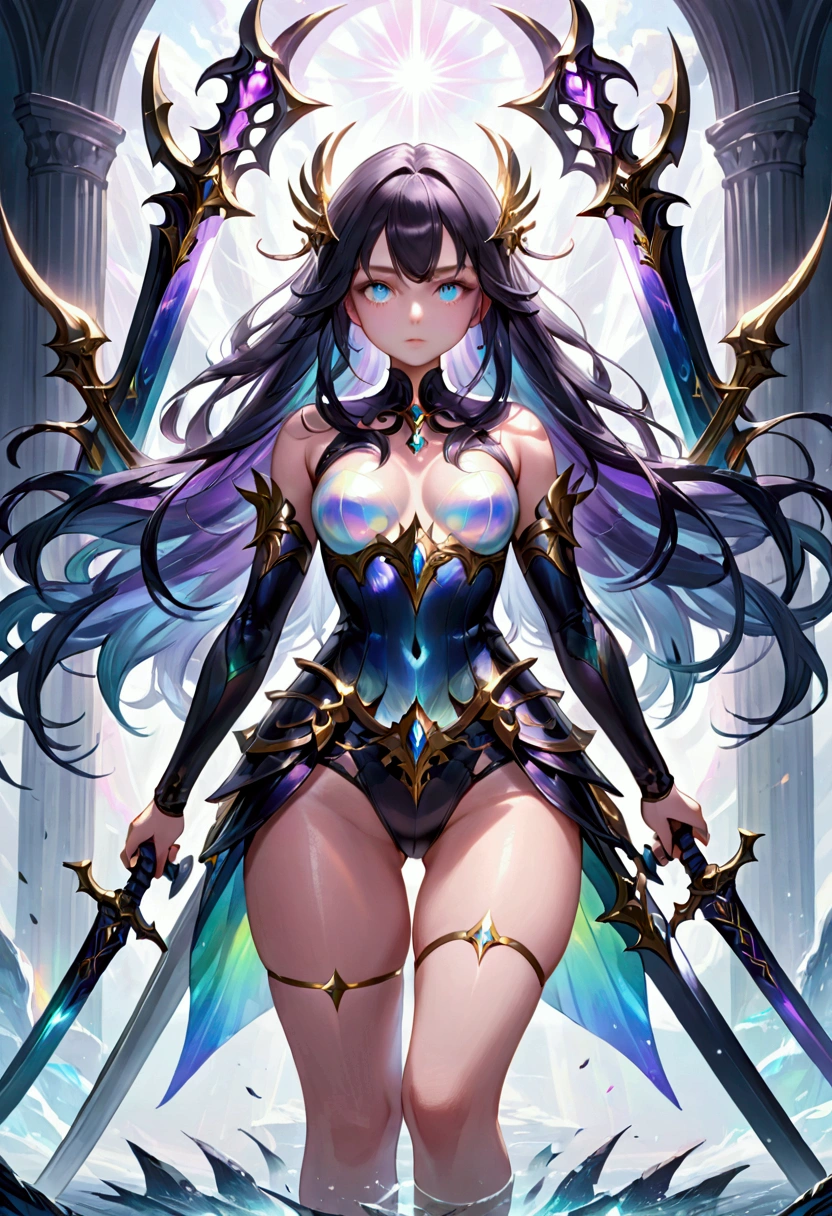 (masterpiece), best quality, expressive eyes, perfect face, Girl,long dark iridescent hair, iridescent eyes, small waist, small , large thighs,holding two swords, looking majestic
