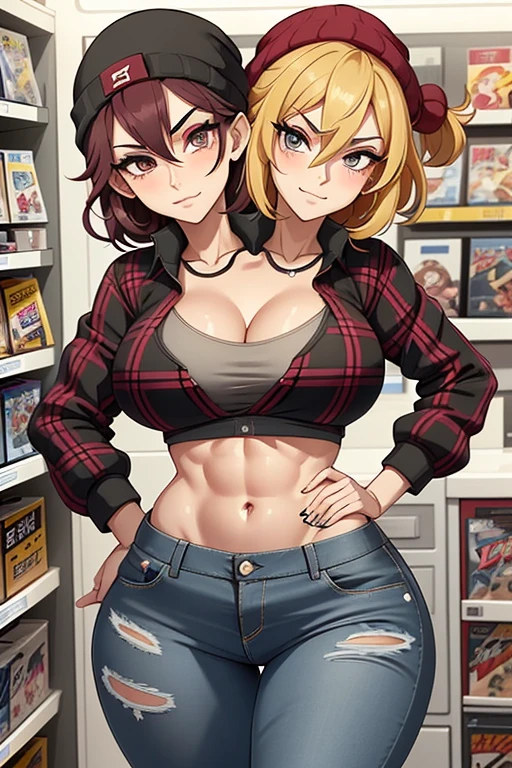 2heads, tall skinny woman with 2 heads. At a video game store. Short messy maroon hair. Wearing a beanie. Wearing unbuttoned open plaid flannel shirt, bra underneath. Wearing jeans. Mature, womanly. Thick thighs, wide hips. Wearing eyeliner, baggy tired eyes. Many tattoos and piercings. Smirking, happy.