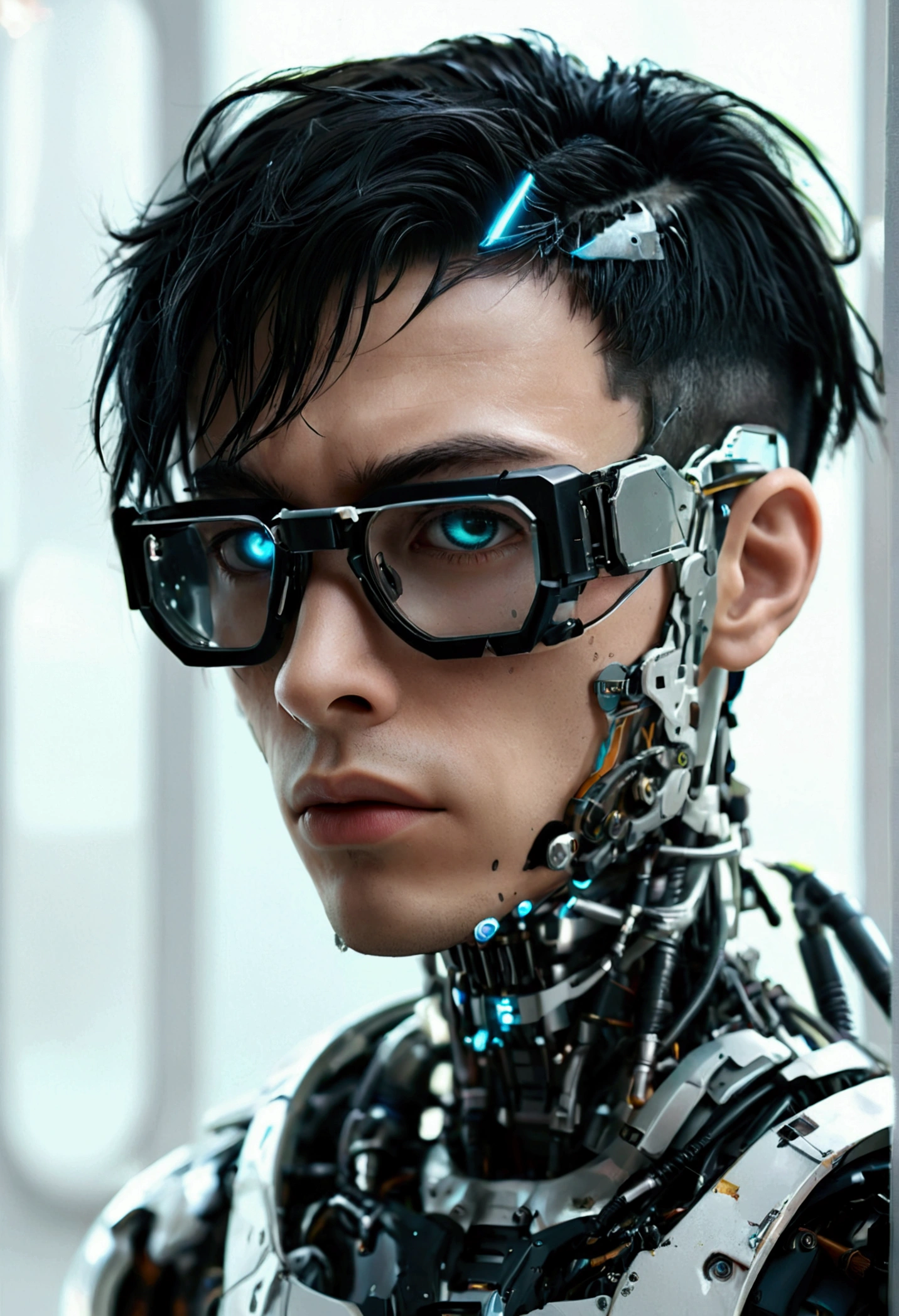 Male robot body hair with black-rimmed glasses with undercut hair, Look to the camera ::futuristic cyberpunk style ,realistic styling ::n_digital painting style, robotic parts, face perfect::seed 1、Black Edged Hair、large nose、Black-based clothing, photo by full body, White background