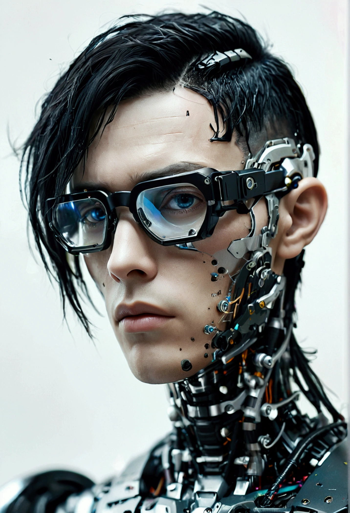 Male robot body hair with black-rimmed glasses with undercut hair, Look to the camera ::futuristic cyberpunk style ,realistic styling ::n_digital painting style, robotic parts, face perfect::seed 1、Black Edged Hair、large nose、Black-based clothing, photo by full body, White background
