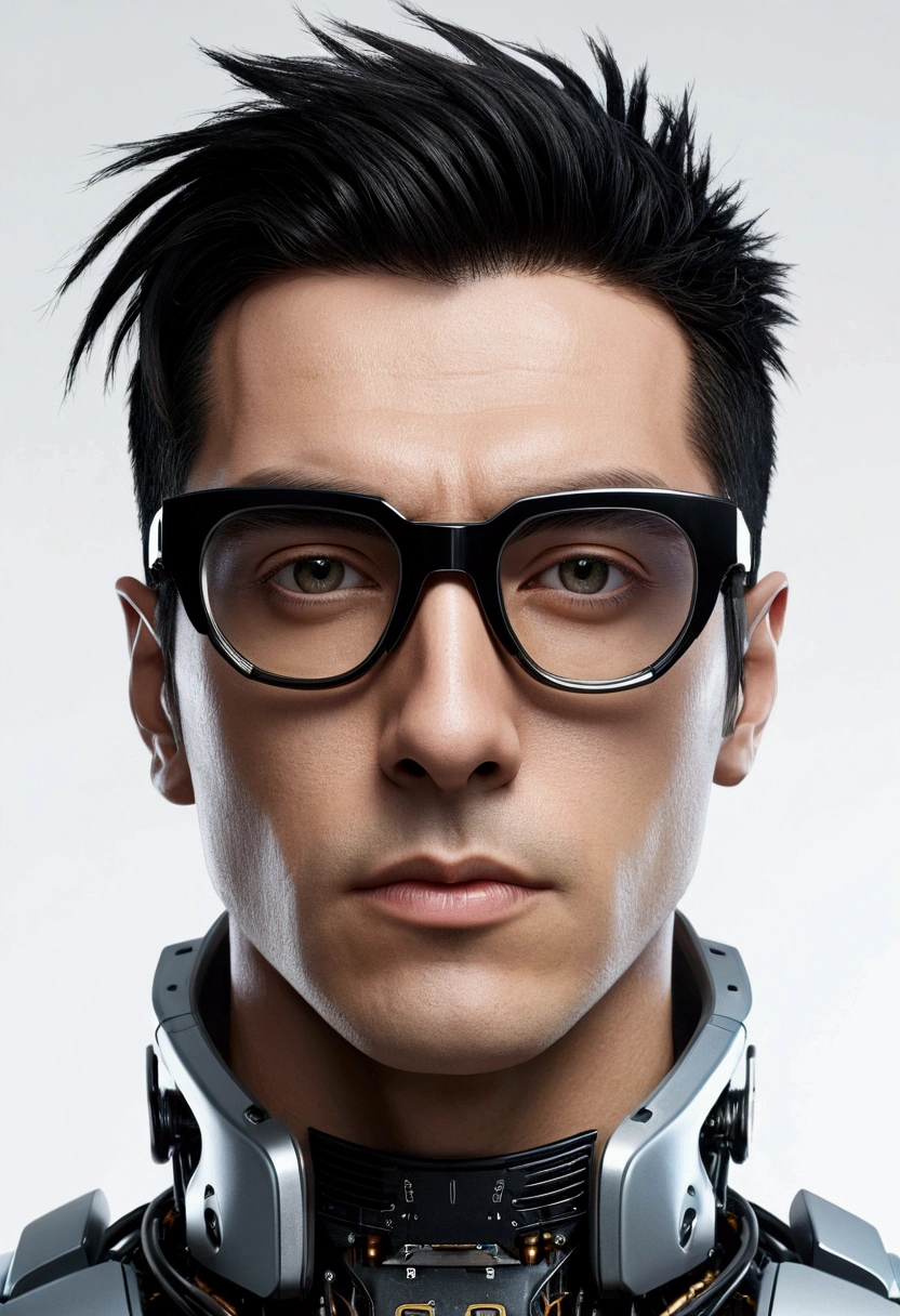 Male robot body hair with black-rimmed glasses with undercut hair, Look to the camera ::futuristic cyberpunk style ,realistic styling ::n_digital painting style, robotic parts, face perfect::seed 1、Black Edged Hair、large nose、Black-based clothing, photo by full body, White background