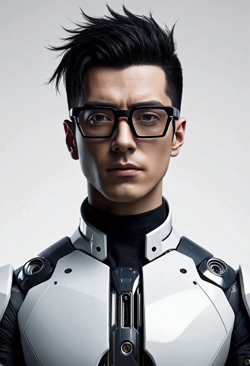 Male robot body hair with black-rimmed glasses with undercut hair, Look to the camera ::futuristic cyberpunk style ,realistic styling ::n_digital painting style, robotic parts, face perfect::seed 1、Black Edged Hair、large nose、Black-based clothing, photo by full body, White background