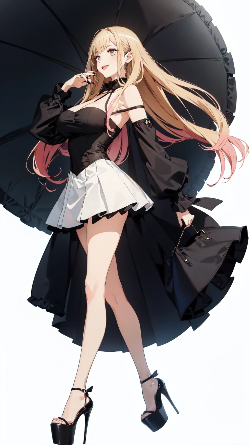 ((masterpiece, high resolution, better quality, better details)), ((Marin Kitagawa)), ((Smiling)), ((one girl)) a girl modeling standing, mini skirt, blouse, ((big neckline)), ((platform high heels)), pink eyes with black outline, (light blonde hair, straight hair, straight bangs, long hair)), long nails, pink nails, (((curvy body))), shiny skin, ((side view)), solo, bare shoulders, full body, focus full body, high heels, ((White background)),