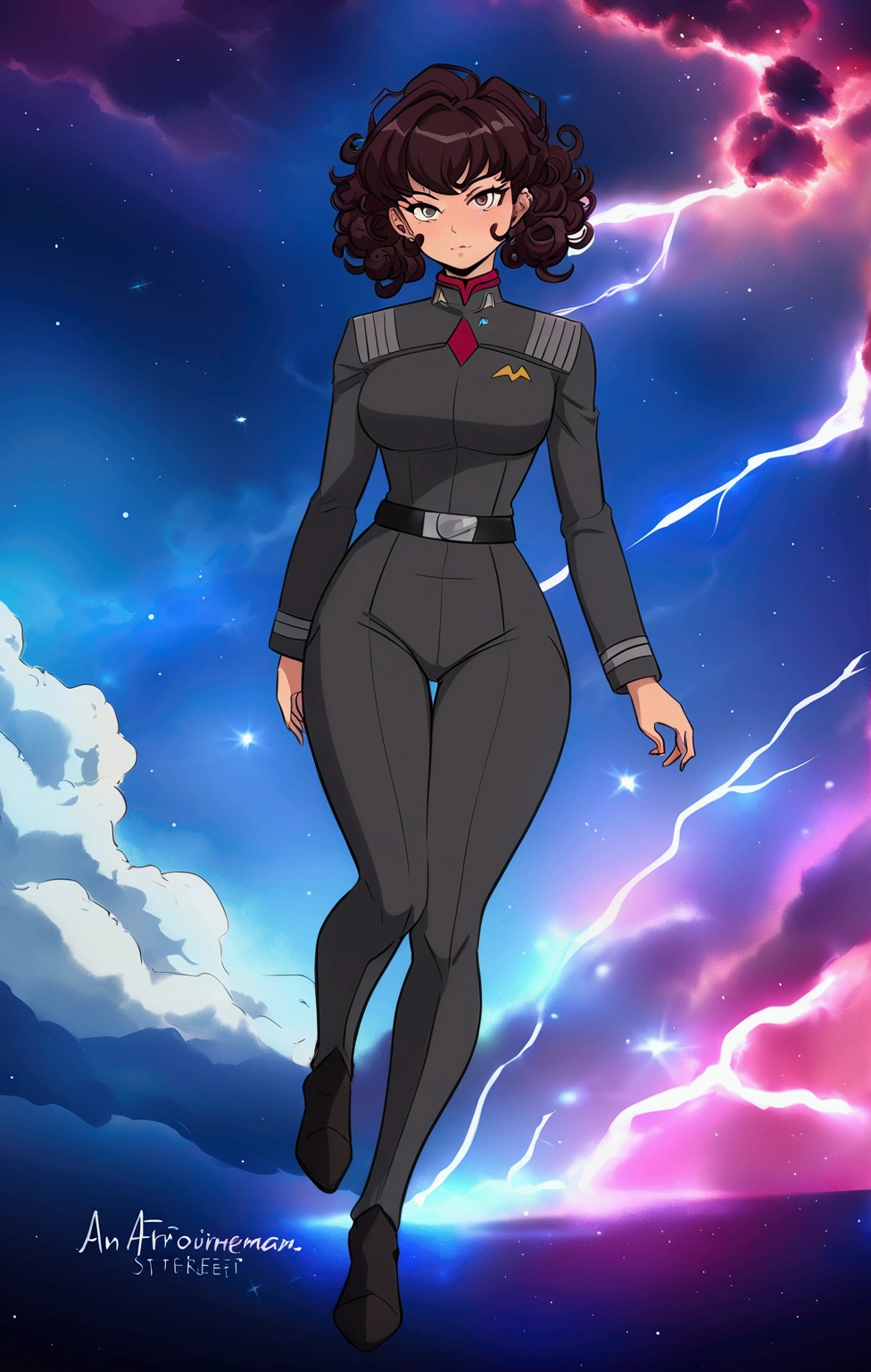 a starfleet officer, star trek officer, star trek red and black uniform, an afroamerican girl with curly hair and black skin in a starfleet uniform, anime style, masterpiece, hyper detailed masterpiece, incredible lightning, spatial background, alien girl