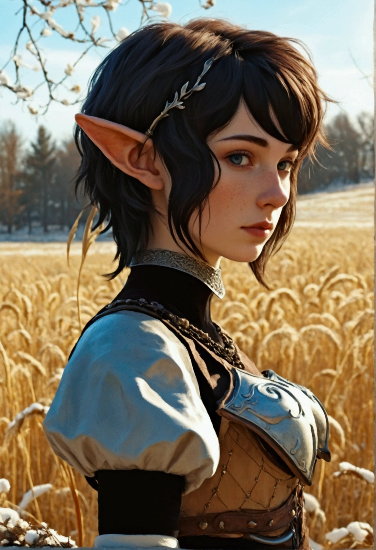 A young androgynous female centaur. Fantasy setting. Very short hair. Short manly haircut. Dark-brown hair with a undercut. Very pale skin with freckles and liverspots. Round soft face. Round soft chin. Round soft cheeks. Curved lips. Long wide nose. Dark brown eyecolour. Upturned eyes. Very thin barely visible eyebrows. Long neck. Slim. . Centaur under body. Brown fur. Looking kind and friendly. Tomboyish. Wearing a black medieval fantasy bra. In An open field. Its winter but the sun is shining. Blue sky.