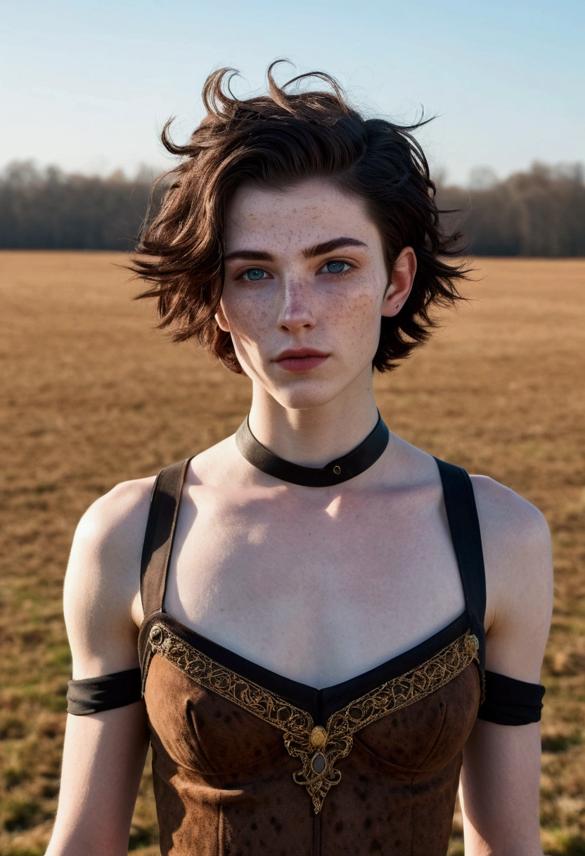 A young androgynous female centaur. Fantasy setting. Very short hair. Short manly haircut. Dark-brown hair with a undercut. Very pale skin with freckles and liverspots. Round soft face. Round soft chin. Round soft cheeks. Curved lips. Long wide nose. Dark brown eyecolour. Upturned eyes. Very thin barely visible eyebrows. Long neck. Slim. . Centaur under body. Brown fur. Looking kind and friendly. Tomboyish. Wearing a black medieval fantasy bra. In An open field. Its winter but the sun is shining. Blue sky.