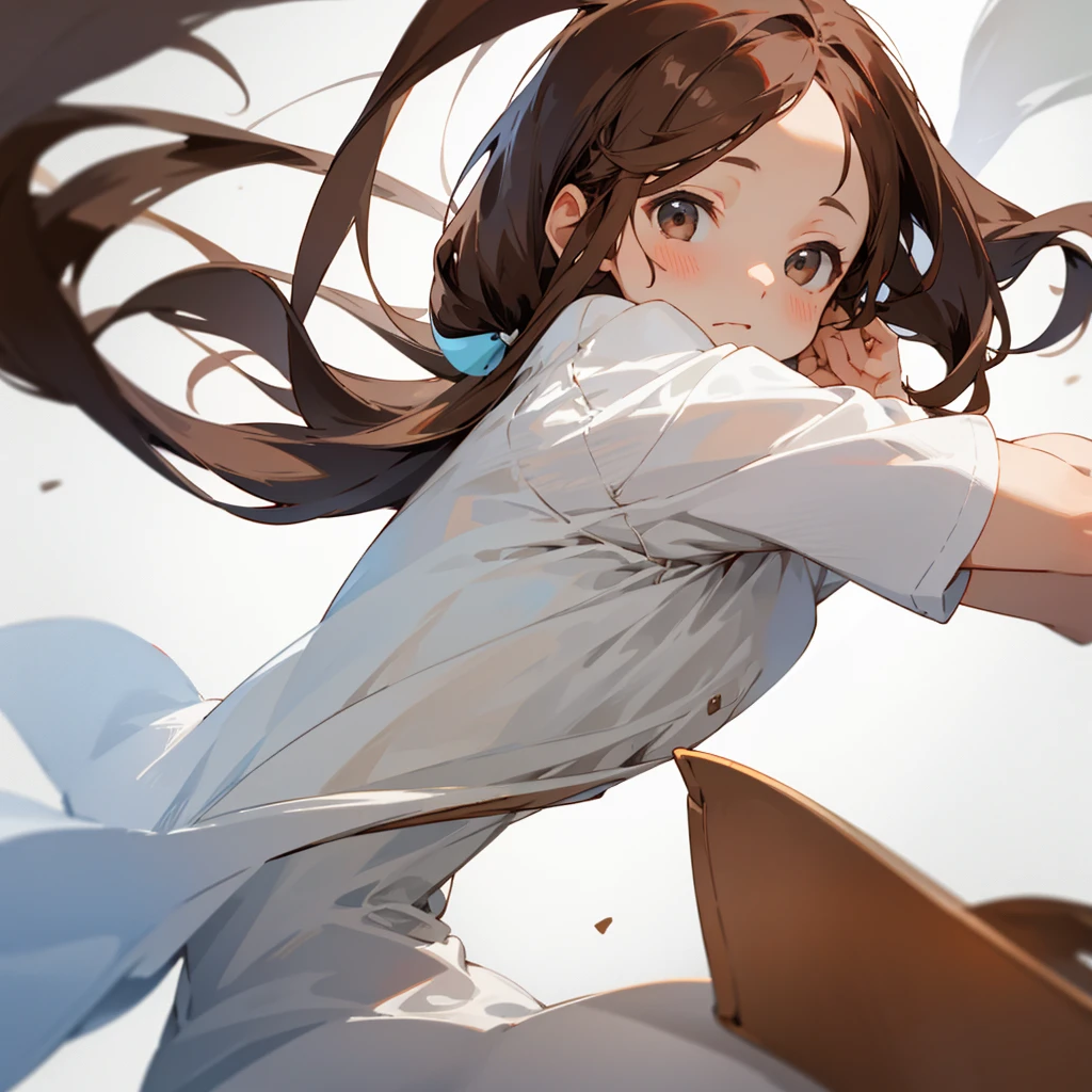 One girl、Simple whiteＴshirt、Hairstyle: Long, straight brown hair、The composition is upper body up、No background