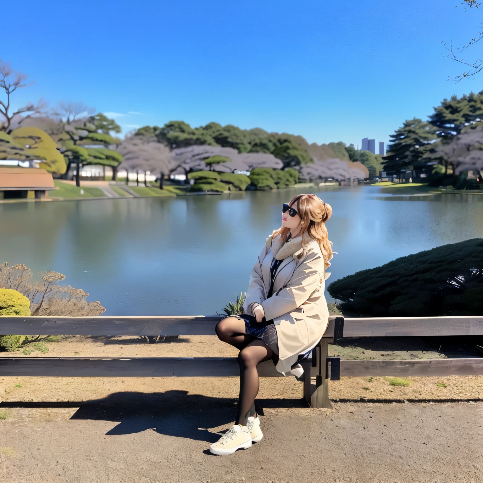 araffe sitting on a bench looking out over a lake, sitting in tokyo, with a park in the background, in a park and next to a lake, in japanese garden, park in background, in a city park, sitting at a pond, sitting in front of a lake, in a park, with a park in the back ground, at a park