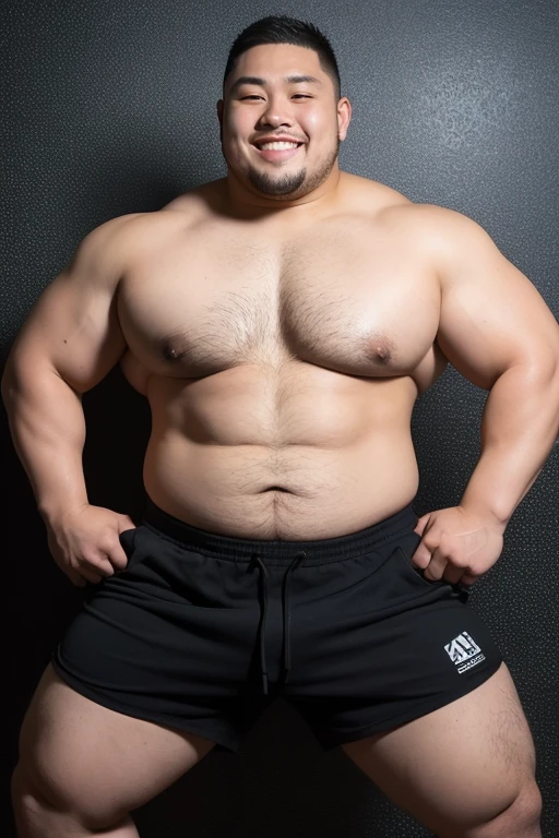 ((highest quality)), ((masterpiece)), (detailed), ((Perfect Face)), 4k, Shaved head, Young Japanese, Muscular, Fat body, Very big man, smile, ((showing off crotch))A large Japanese man topless、whole body、Rugby、Thick legs、Thick arm muscles、Intimidating、whole body、wearing a very short black shorts, tight shorts,